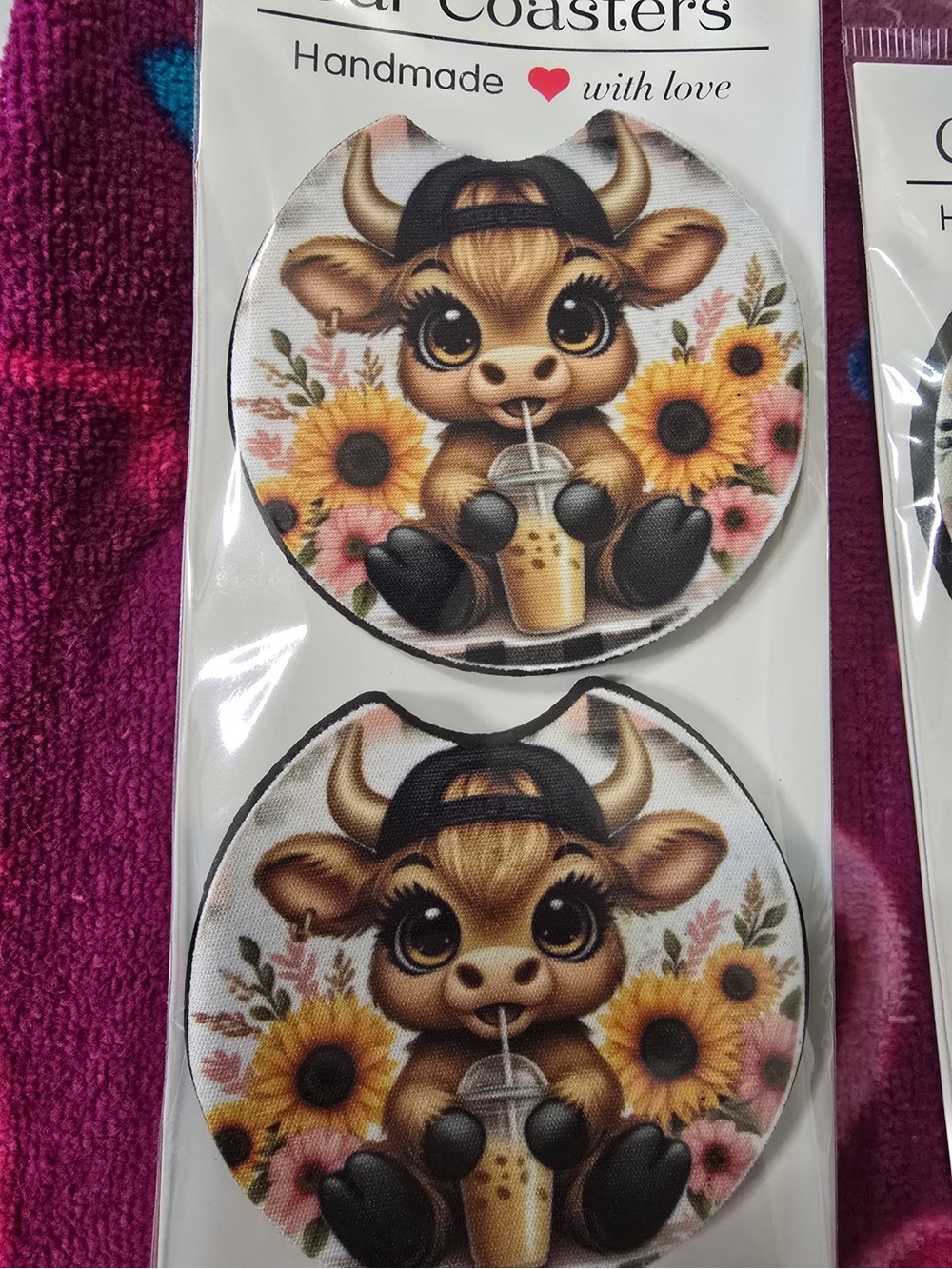 Handmade Cow with Sunflowers Art Car Coasters - Pink & Yellow
